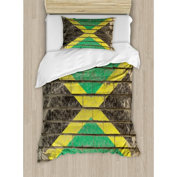 Jamaican Duvet Cover Set Twin Size, Flag on the Wall Illustration with Chalk Effect Old Bricks Grunge Design Caribbean, Decorative 2 Piece Bedding Set with 1 Pillow Sham, Multicolor, by Ambesonne