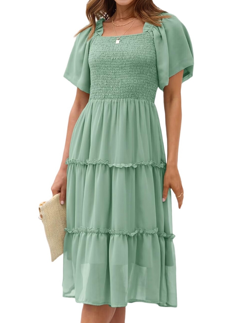 Women'S Summer Casual Flutter Sleeve Square Neck Smocked Midi Dress Green M