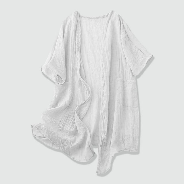 asjyhkr Blouses pour Femmes Col Rond Manches Longues Cardigan Ample Décontracté Couleur Unie Extérieur Plage Vacances Mode avec Poches