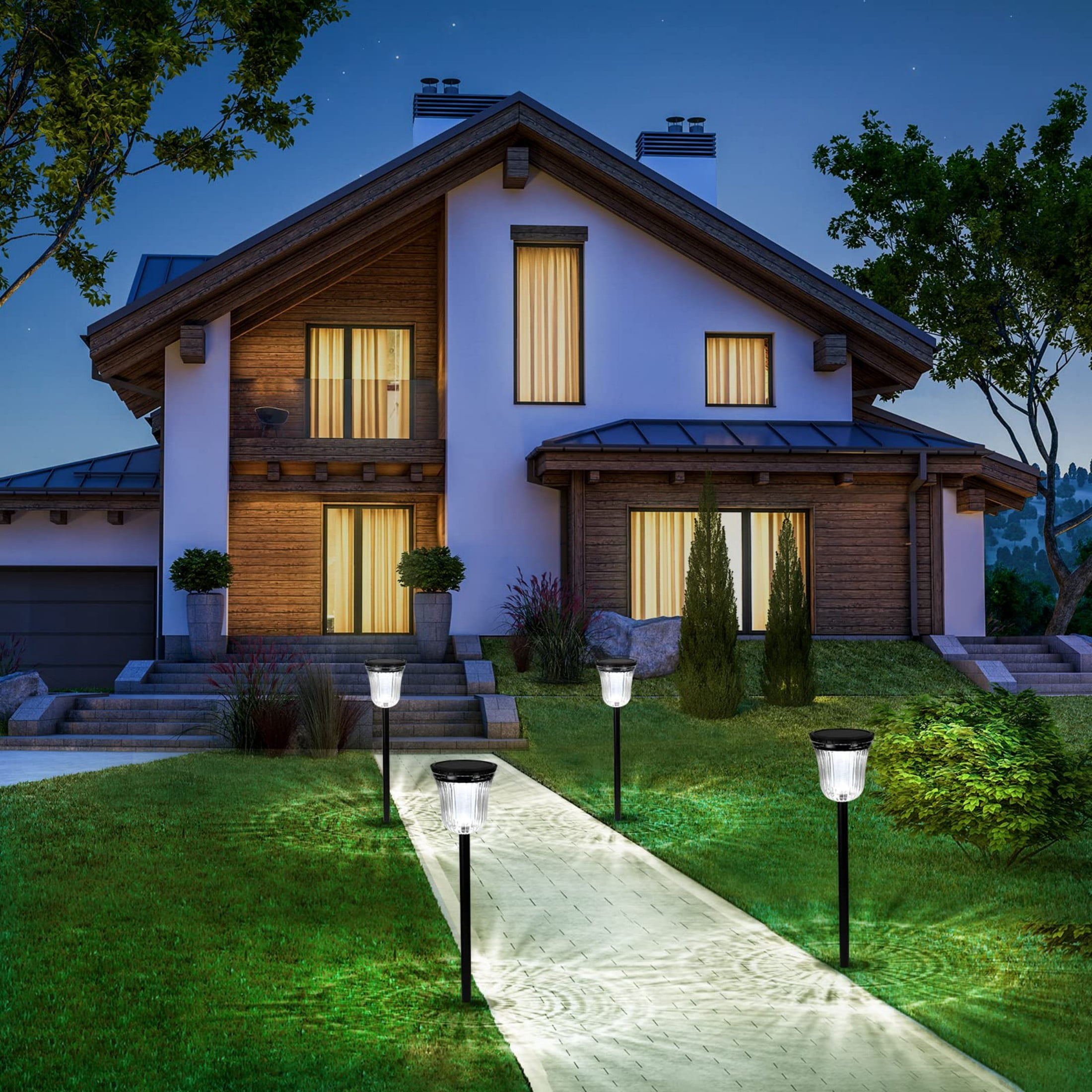 MEHOOM Warm & White Solar Powered Outdoor Lights, 4-Pack Pathway Lights, Waterproof LED Garden Lights for Yard, Lawn, Walkway, Patio