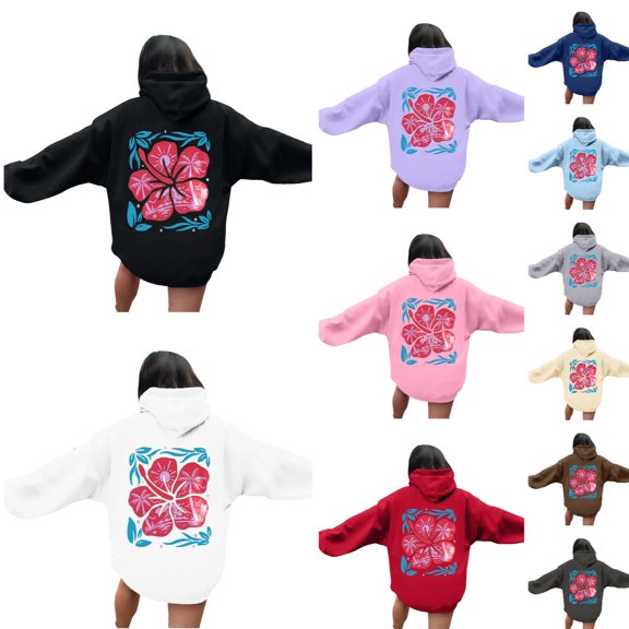 Arlun Womens Cute Pink Flower Hoodies Preppy Hawaiian Graphic Long Sleeve Drawstring Sweatshirts Y2k Loose Comfort Casual Fall Winter Pullover Tops with Pocket 1-White XL