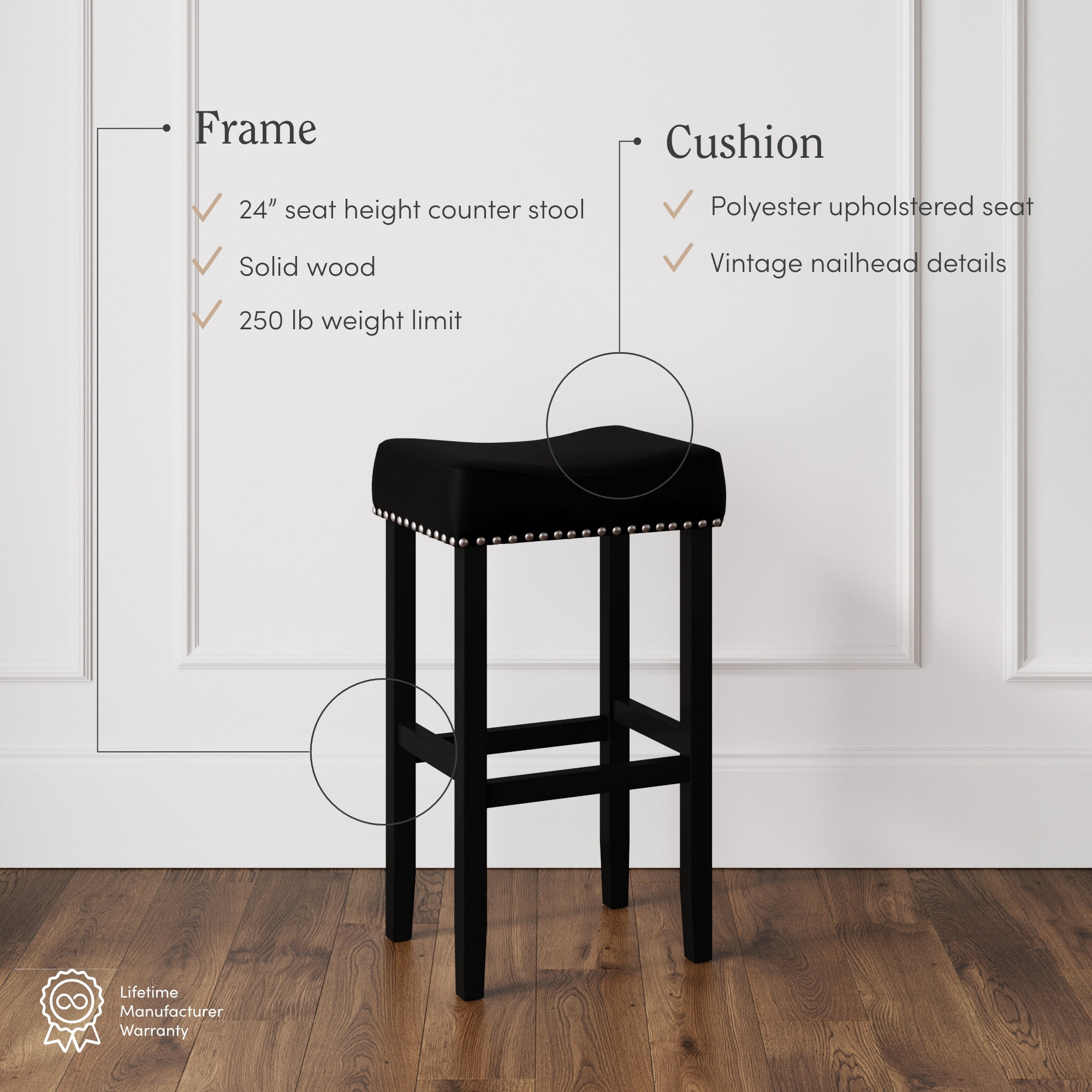 Nathan James Hylie Nailhead Wood Pub-Height Counter Bar Stool 29" Black Fabric Cushion Black Finish