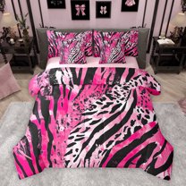Manfei Zebra Cheetah Print Bedding Comforter Set 7pcs, Black Pink Stripes Queen Bedding Sets, Vintage Oil Printing Reversible Queen Sheet Sets, Super Cozy Room Decor