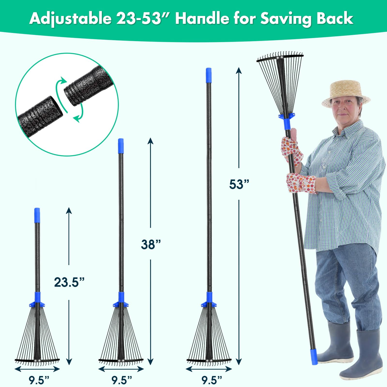 Garden Leaf Rake, head extends from 9.5''-17'', collapsible lawn rake with 58-inch adjustable splice handle, heavy-duty metal rake for lawns, flower beds