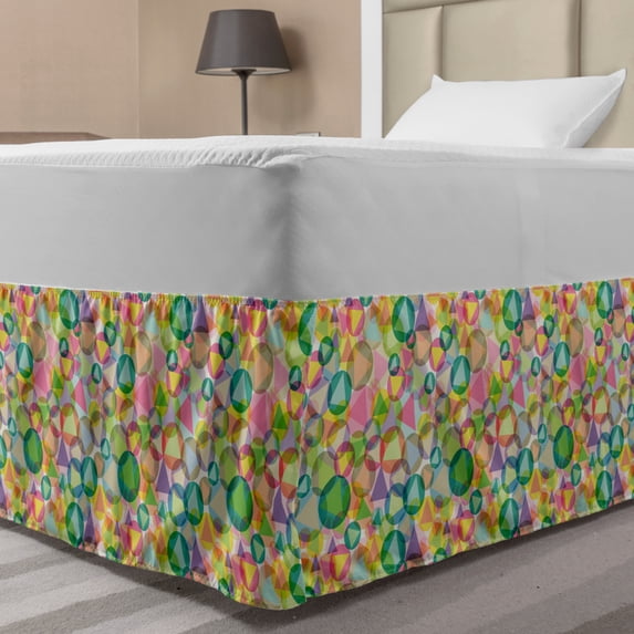 Geometric Bed Skirt, Grunge Toned Abstract Triangles Circles Overlapping Murky Psychedelic Artwork, Elastic Bedskirt Dust Ruffle Wrap Around for Bedding Decor, 4 Sizes, Multicolor, by Ambesonne