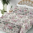 thumbnail image 3 of Ambesonne Vintage Fitted & Flat Sheet with Shams 4 Pcs Set, Blooming Love Flowers Print, Queen, Army Green and Pastel Pink, 3 of 5