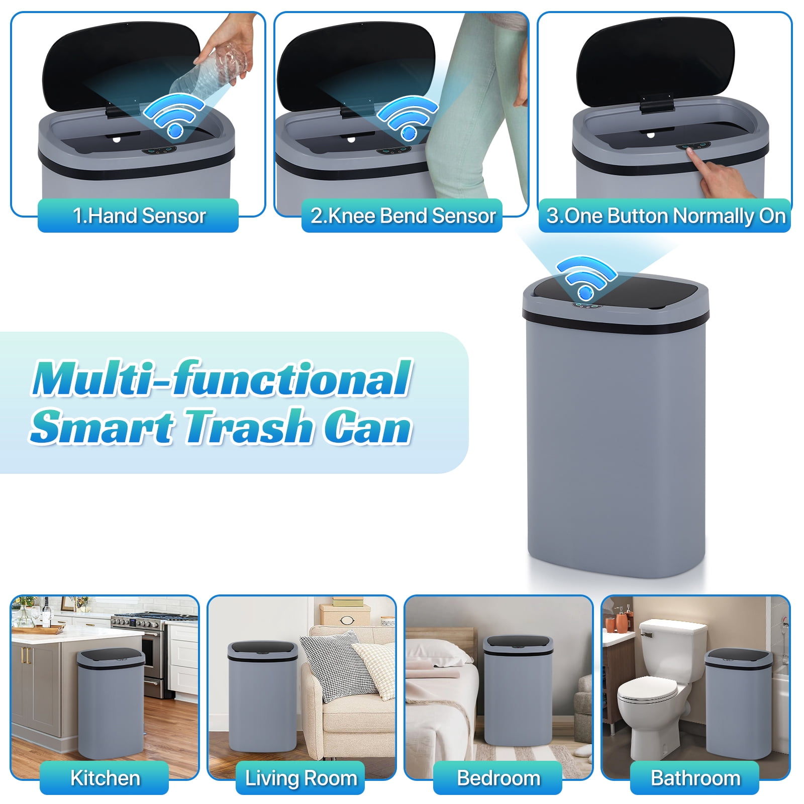 13 Gallon Plastic Garbage Can Kitchen Trash Can Automatic Touch Free Trash can with Lid 50 Liter Waste Bin Mute Anti-Fingerprint for Bedroom Home Office Living Room, Gray