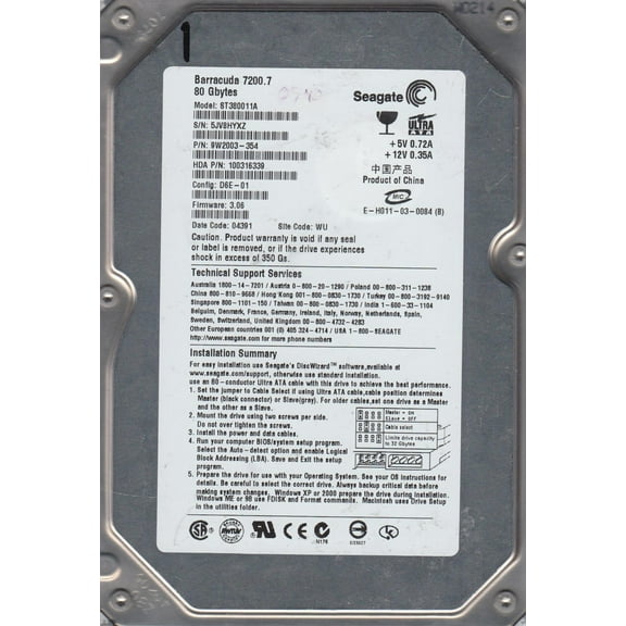 ST380011A, 5JV, WU, PN 9W2003-354, FW 3.06, Seagate 80GB IDE 3.5 Hard Drive