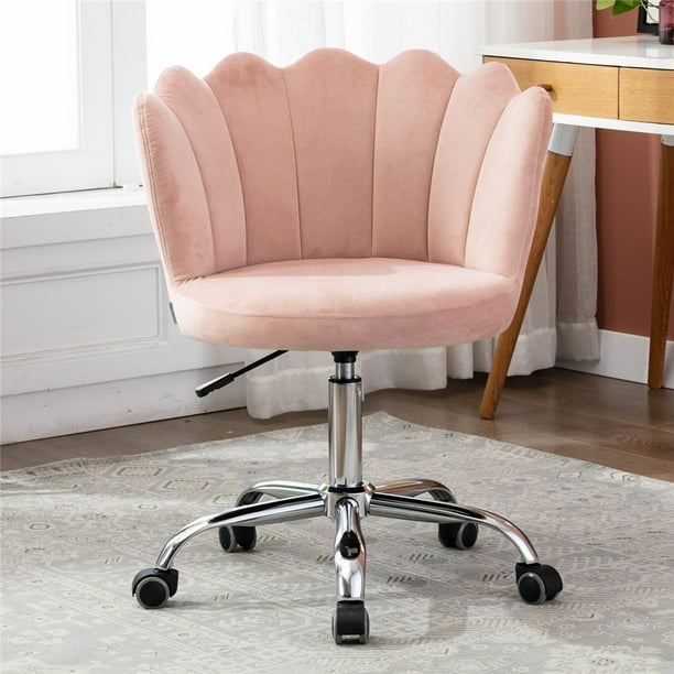 Pink Velvet Accent Chair, Adjustable Vanity Chair with Wheels, Armless