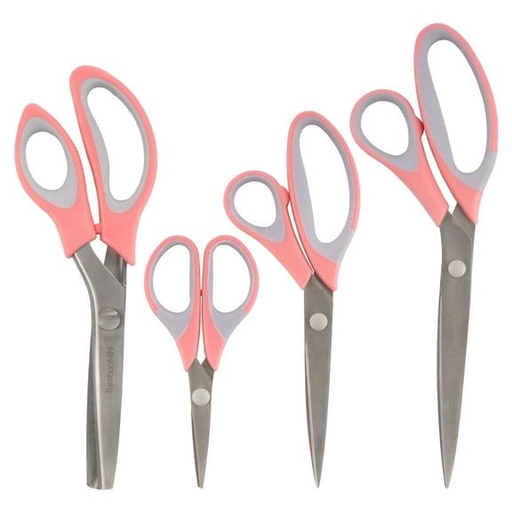 BambooMN Titanium Softgrip Scissors Set - Pinking, Sewing, Arts, Crafts, Office - 1 Set of 4 - Pink