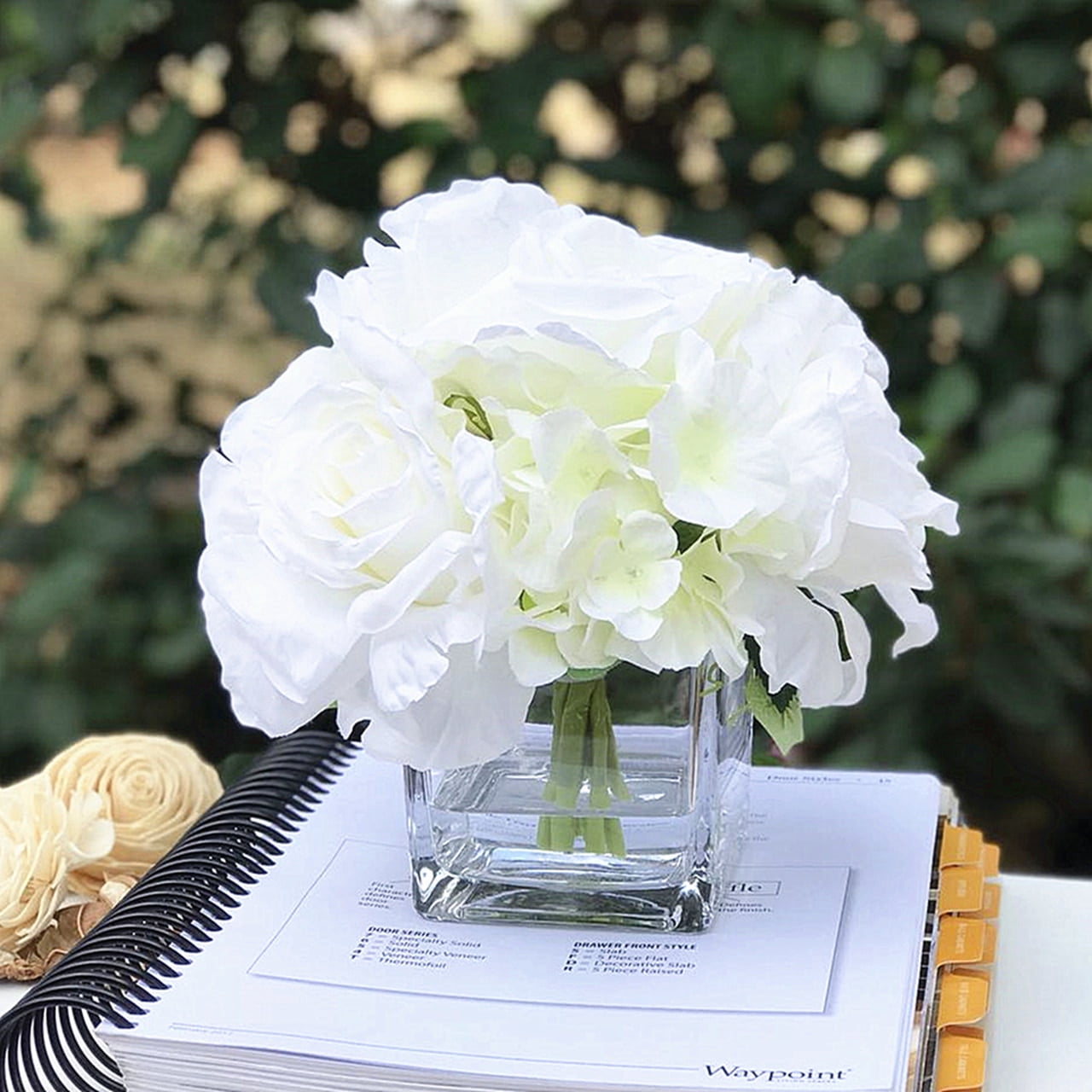 Enova Home Mixed Rose and Hydrangea Flower Arrangement in Cube Glass Vase With Faux Water