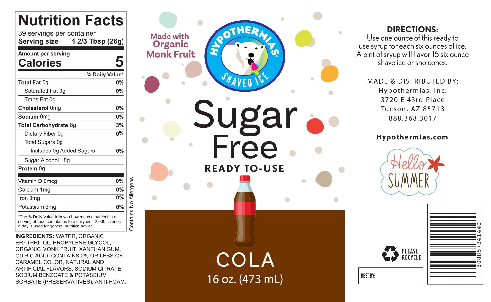 Hypothermias Sugar Free Shaved Ice Syrups Variety Pack, 3 Pints, Pina Colada, Cola, Cherry