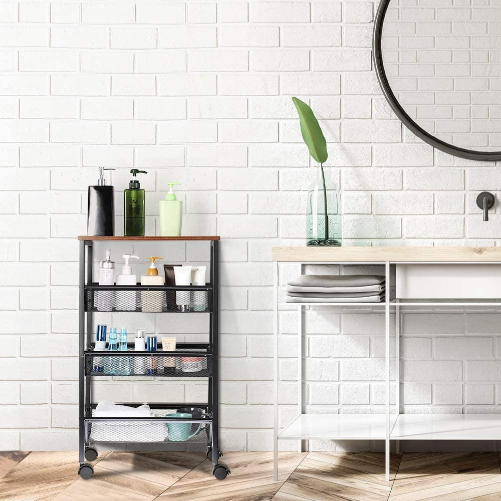 Rustic 3-Tier Metal Wire Storage Kitchen Cart on Wheels, Black by Haitral