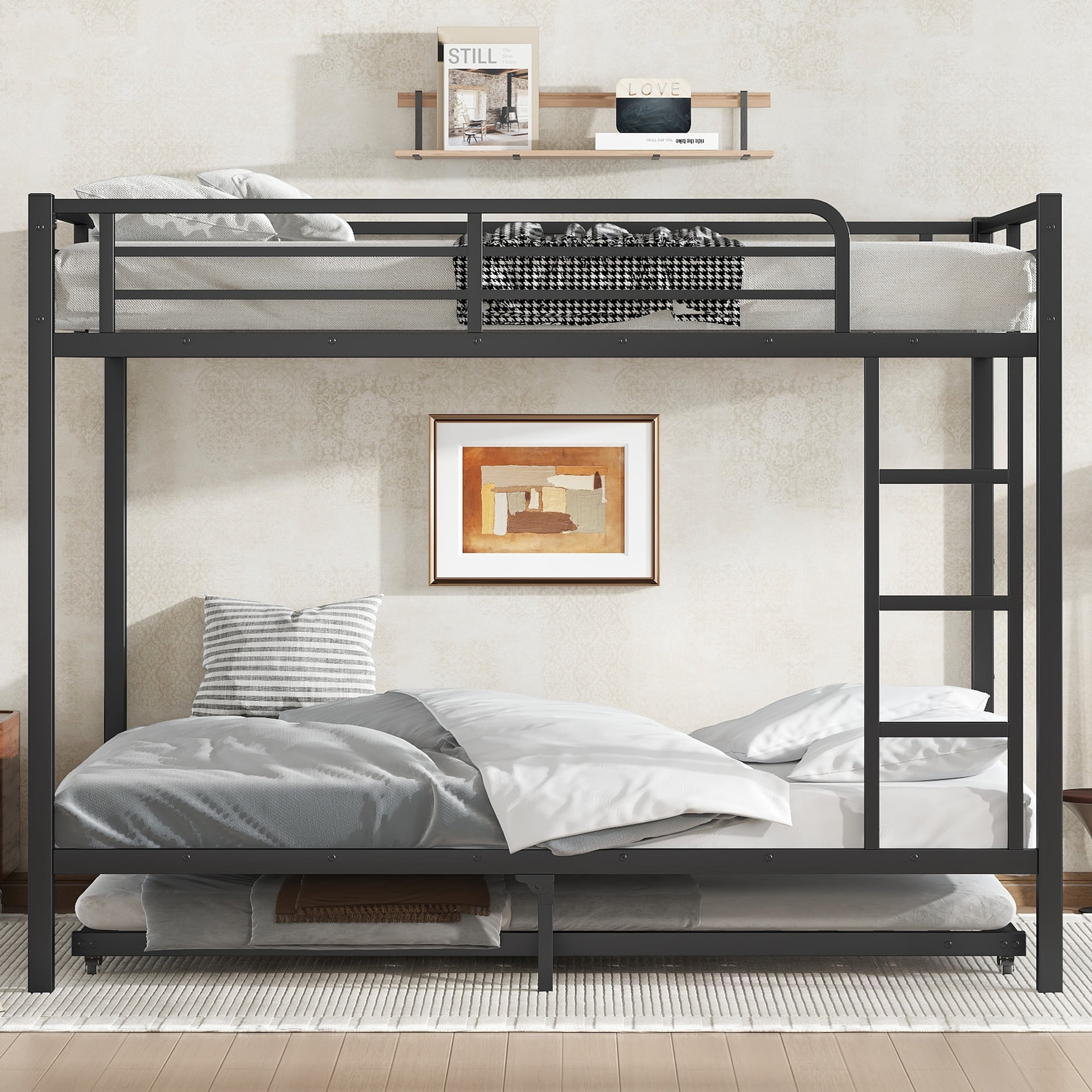 Leumius Metal Bunk Bed with Trundle,Full over Full Bunk Bed with with Ladder & Guardrails,Heavy-Duty Bunk Bed Frame for Kids/Teens/Adults,Space-Saving/Noise Reduced/No Box Spring Needed,Black