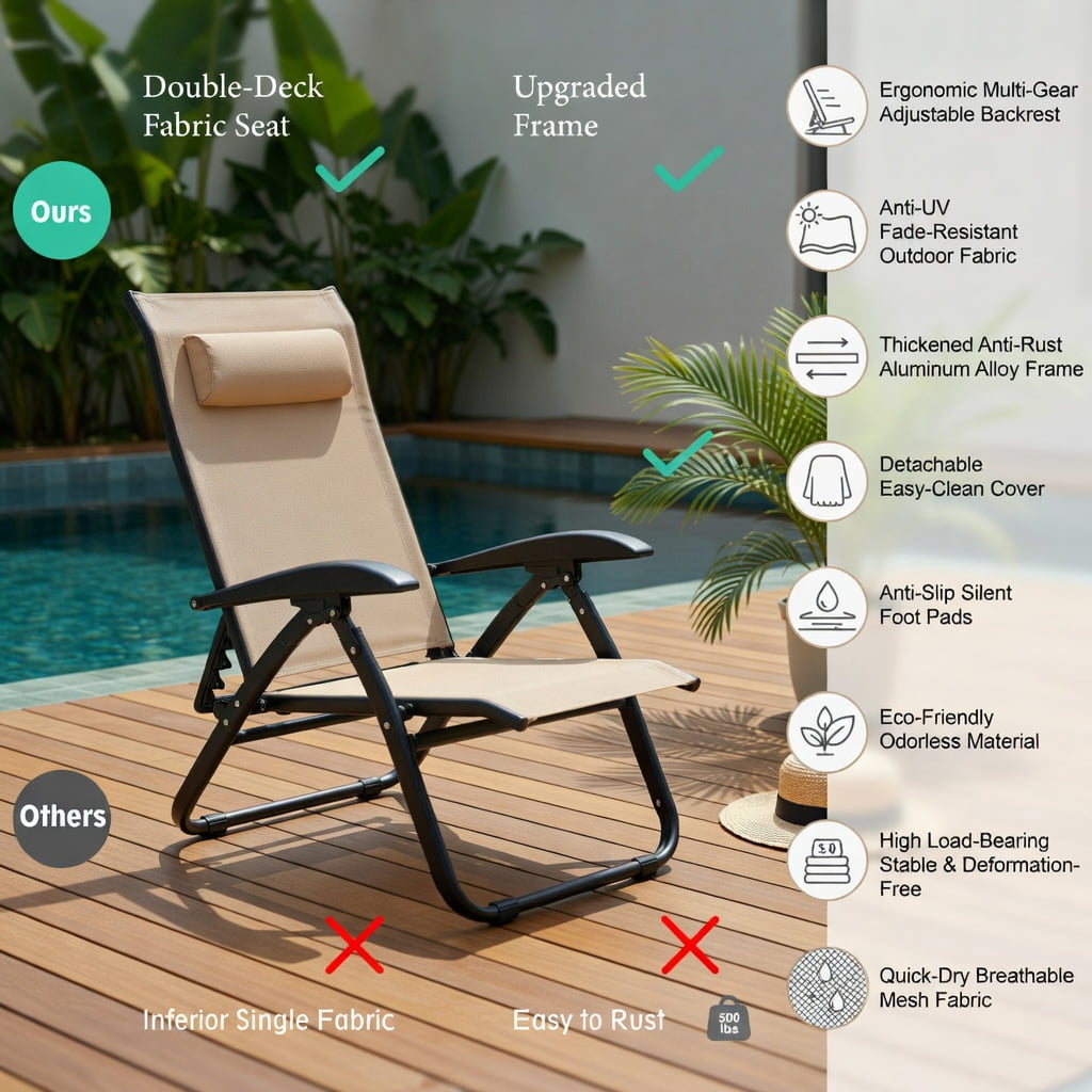 Hommoo Oversized Zero Gravity Lounge Chair with Cup Holder & Headrest Pillow, Heavy-Duty Outdoor Recliner for Backyard, Pool, Garden, Beige