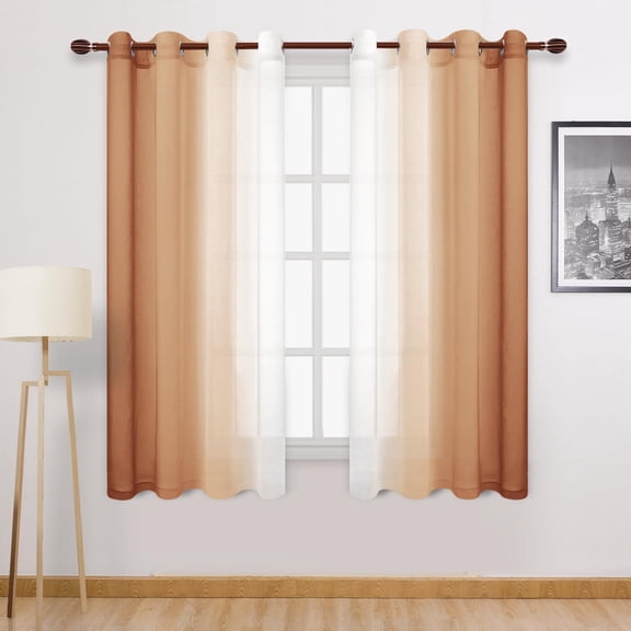 Koesnbre Fall Faux Linen Ombre Sheer Curtains - 63 inches Long Gradient Semi Voile Curtains for Bedroom and Living Room, Set of 2 Grommet Top Window Curtain Panels, W52 x L63 Inches, Burnt Ochre