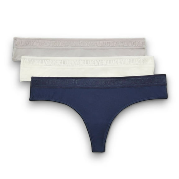 Lucky Brand Women's 3-Pack Logo Elastic Waist Linen-Cotton Blend Thong Panties-Blue / M