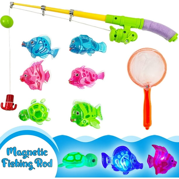Hhhc Magnetic Light Up Kids Fishing Pole Bath Toy Set - Rod And Reel With Sea Turtle And 5 Unique Fish -Outdoor Water Toys And Fishing Game For Kids A
