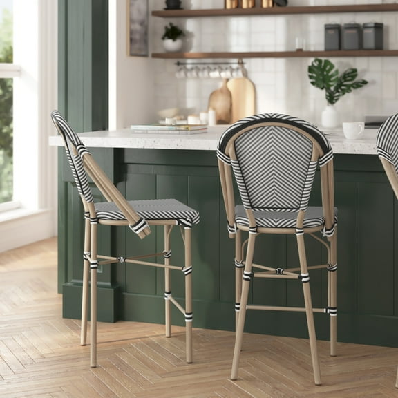 Merrick Lane Set of Two Stacking Bistro Style Counter Stools with Black and White Textilene Seats and Light Bamboo Metal Frames for Indoor/Outdoor Use