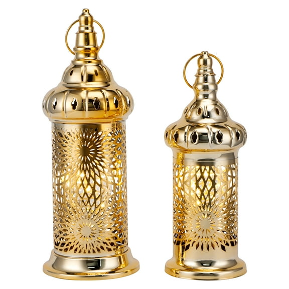 Ramadan Lanterns Set of 2 10" &12.5" Gold Electric Candle Holders with Timer