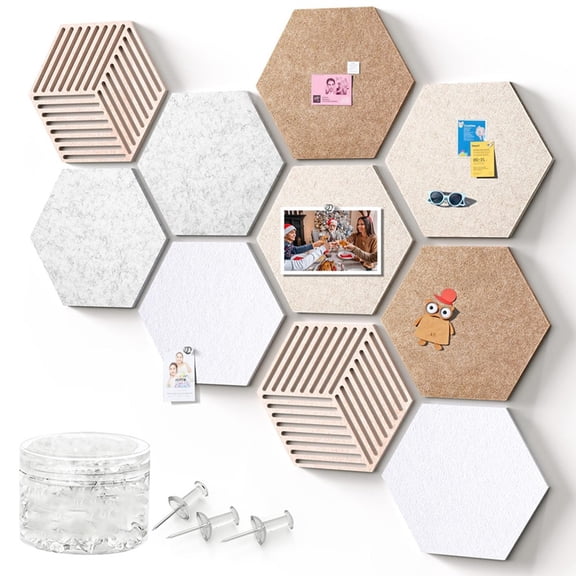 Hexagon Cork Boards for Walls Decor 10 Pack Cork Bulletin Board Tiles with 50 Pins,Pin Board for Office & Home