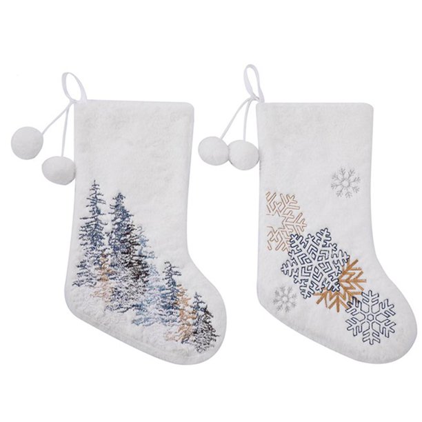 Calcetín De Felpa Blanco Navideño Con Copo De Nieve Y Patrón De Árbol Pequeño Para Regalo, Fiesta, Decoración De Vacaciones De Navidad 2 Uds. Serendint HA038438-00