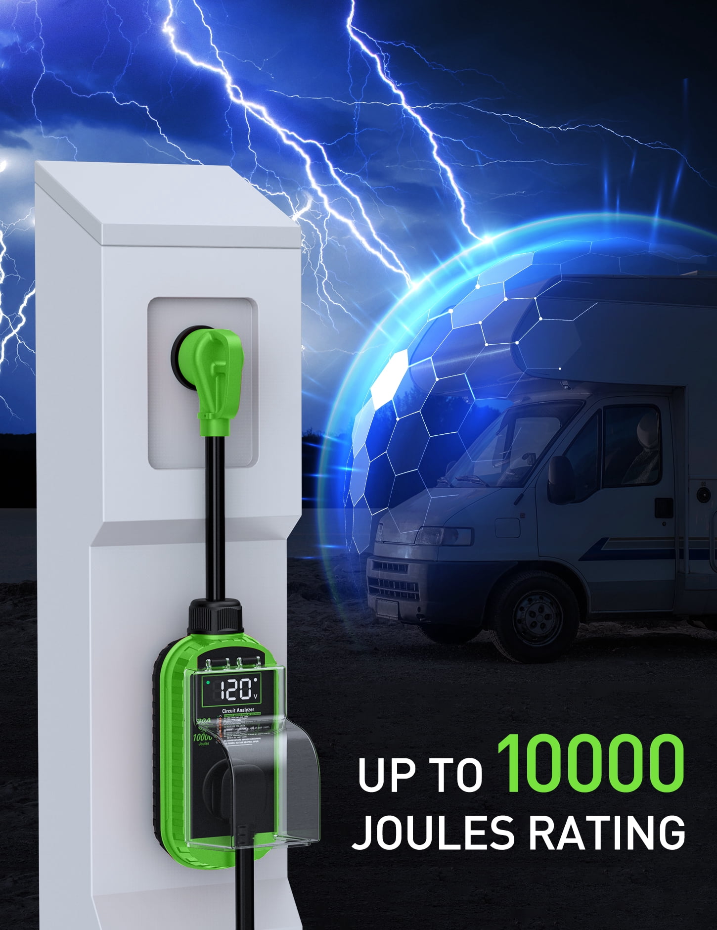 RV Surge Protector 30 Amp, 10,000J Smart 30 Amp RV Surge Protector with Auto Shutoff & Reset, RV Circuit Analyzer with LED Display, Voltage & Temperature Protection, IP67 Waterproof - Green