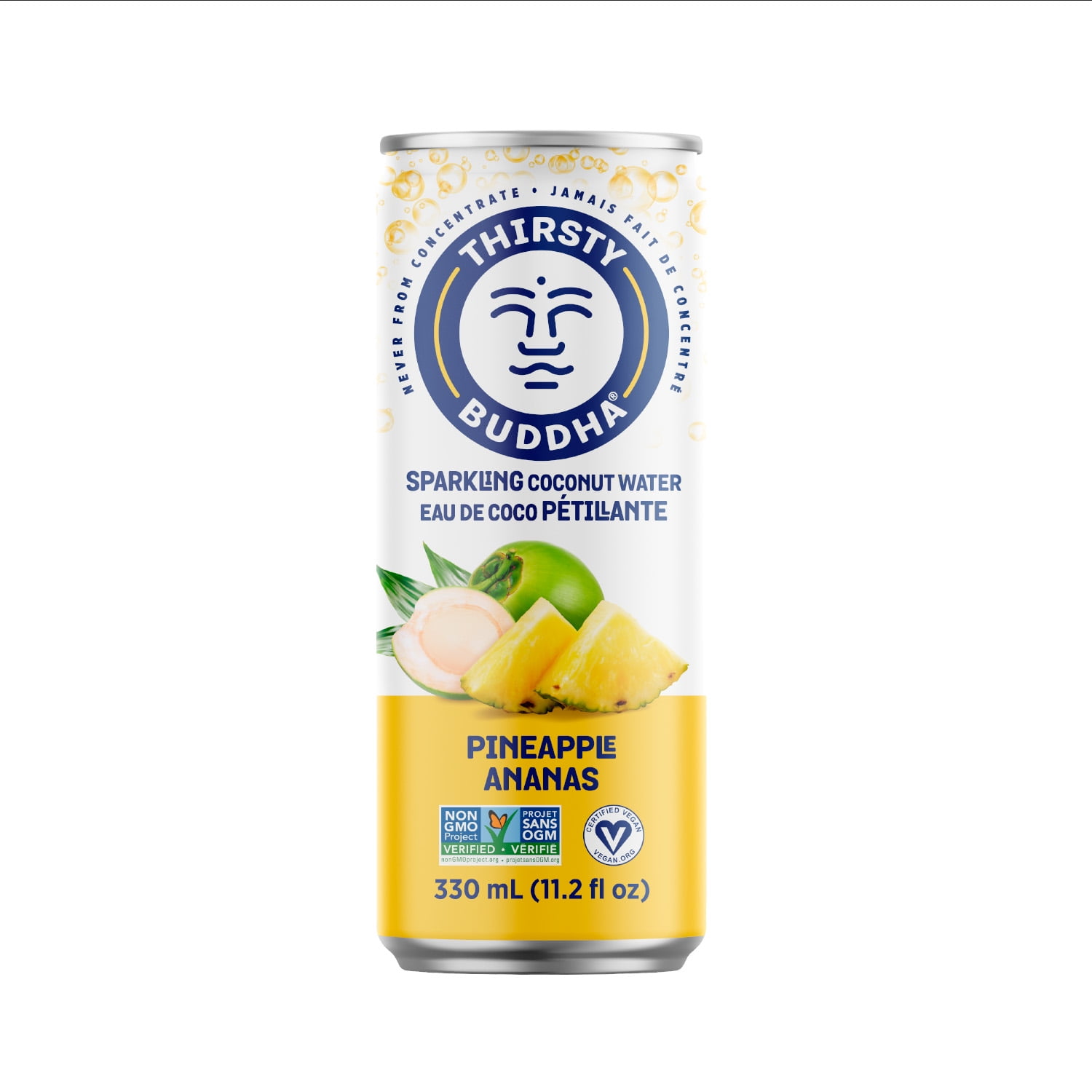 Thirsty Buddha Sparkling Coconut Water with Pineapple, No Sugar Added, Non-GMO, 330ml, Vegan Certified, Can, Sparkling Coco Water Pineapple