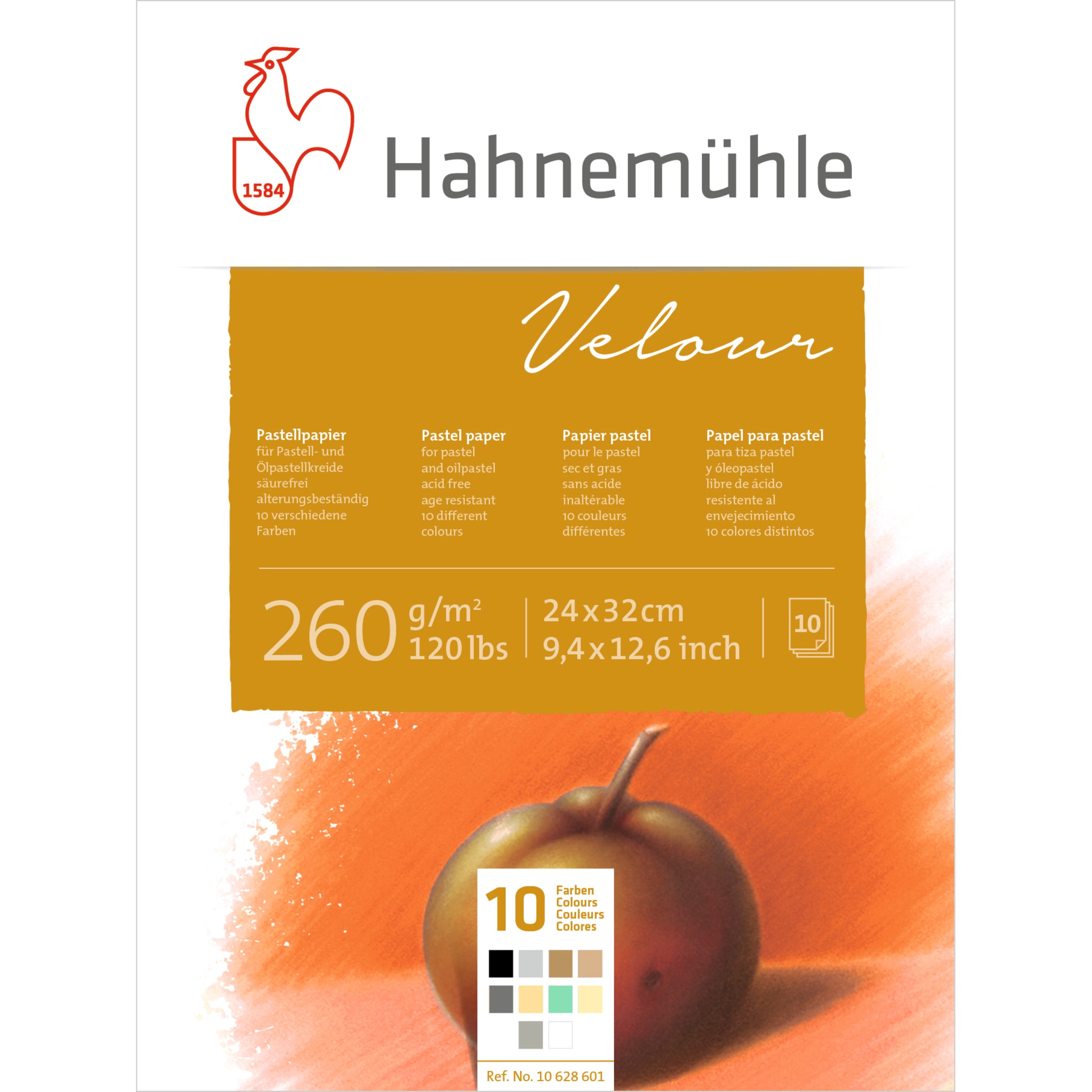 Hahnemuehle Velour Pastel Paper Pad, 10 Sheets, 9.4" x 12.6", 10-Colors
