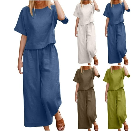 Eryao Cotton Gauze Sets for Women 2 Piece Short Sleeve Crew Neck Tops Matching Wide Leg Pants with Pockets 2025 Summer Plus Size Vacation Beach Outfits People Free Dupes White XXXL