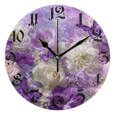 DEIARA Purple Butterfly Floral Burgundy Butterfly Wall Clock 10in Silent Mechanism Battery Operated Retro Style for Living Room Bedroom and Kitchen Black Pointer