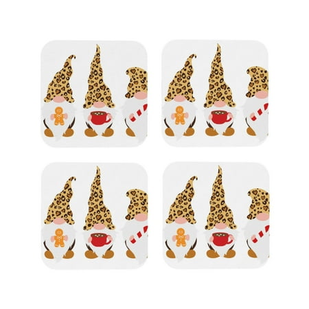 

Honeii Christmas Gnomes In Leopard Print Leather Coaster Set of 4 Ideal for Safeguarding Your Furniture from Drinks Spills and Effortless Cleanup-Square