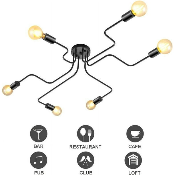 Lámpara de techo industrial retro única, lámpara de techo Sputnik con 6 brazos ajustables para instalación de bricolaje, fácil montaje en acabado negro mate para una amplia gama de espacios