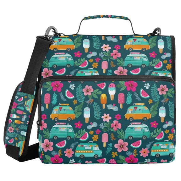 FORMRS Zipper Binder with Shoulder Strap 2-inch Ring 500 Sheet Capacity File Bag, Green Vibrant Truck Pattern