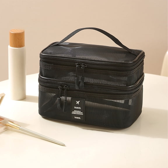 CuiLiyq Portable Transparent Mesh Toiletry Bag, Double Layer Travel Cosmetic Bag, Large Capacity Cosmetic Organizer Bag with Handle, 8.6" x 5.5" x 6.3", Black