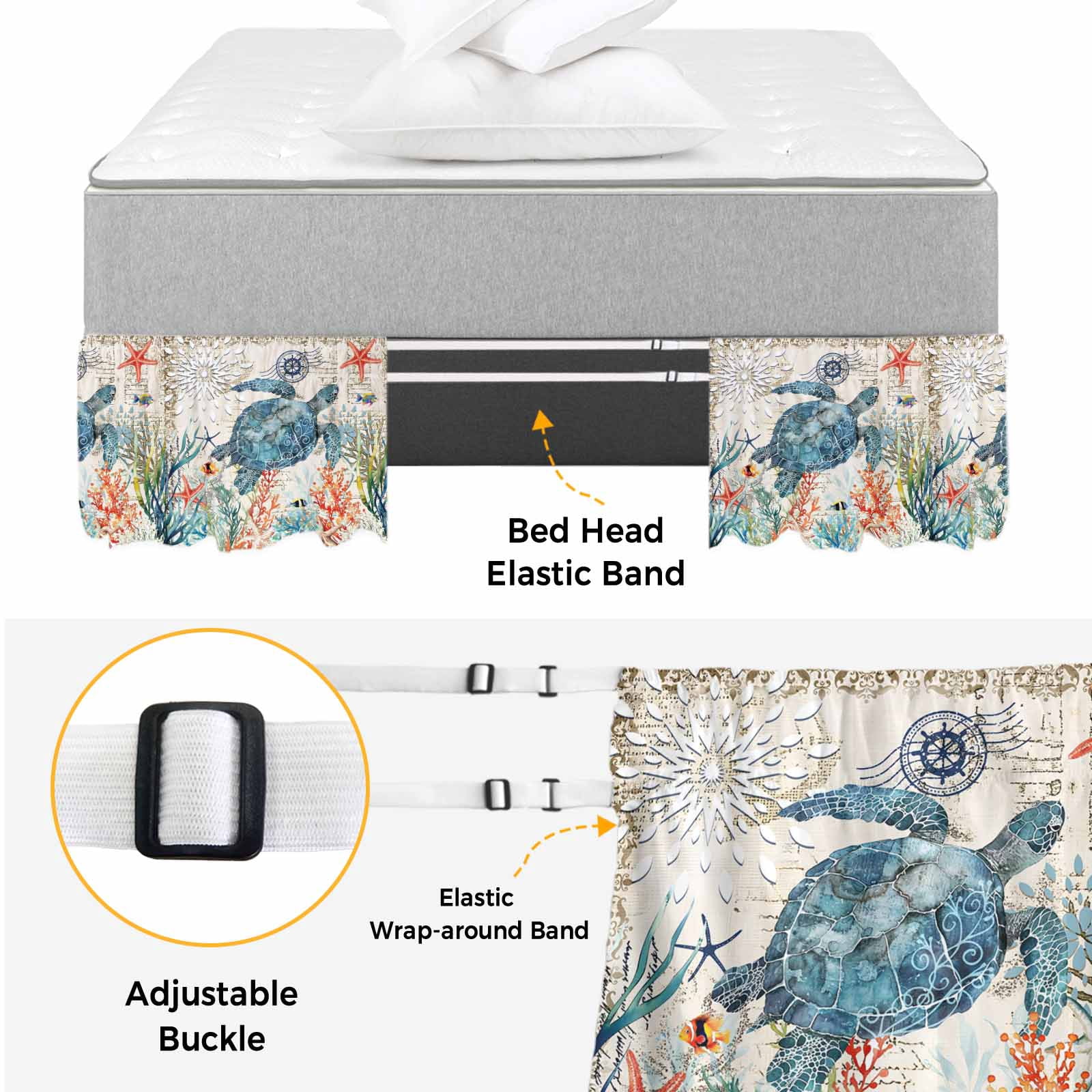 Sea Turtle Coastal Bed Skirt Queen Size 16 Inch Drop, Adjustable & Elastic Wrap Around Bed Skirts Pleated Dust Ruffles For Twin Full Queen Cal King Base Beds, Vintage Beach Coral Starfish Nautical