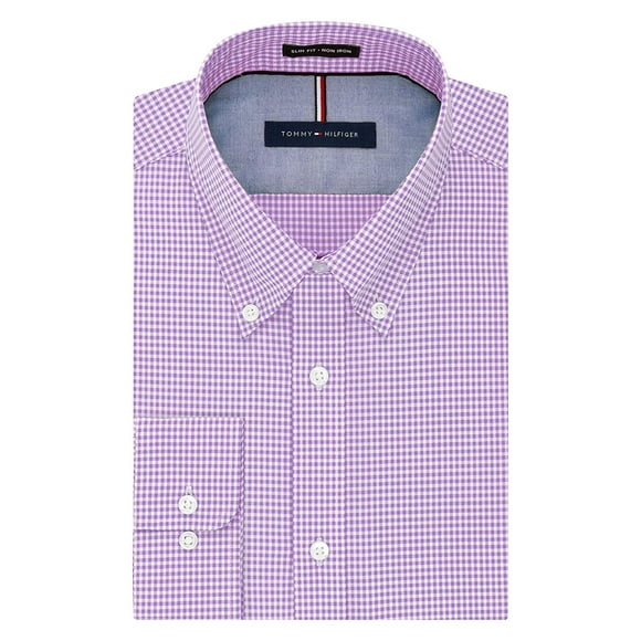 Tommy Hilfiger Men's Non Iron Slim Fit Gingham Buttondown Collar Dress Shirt, Iris, 15.5" Neck 32"-33" Sleeve