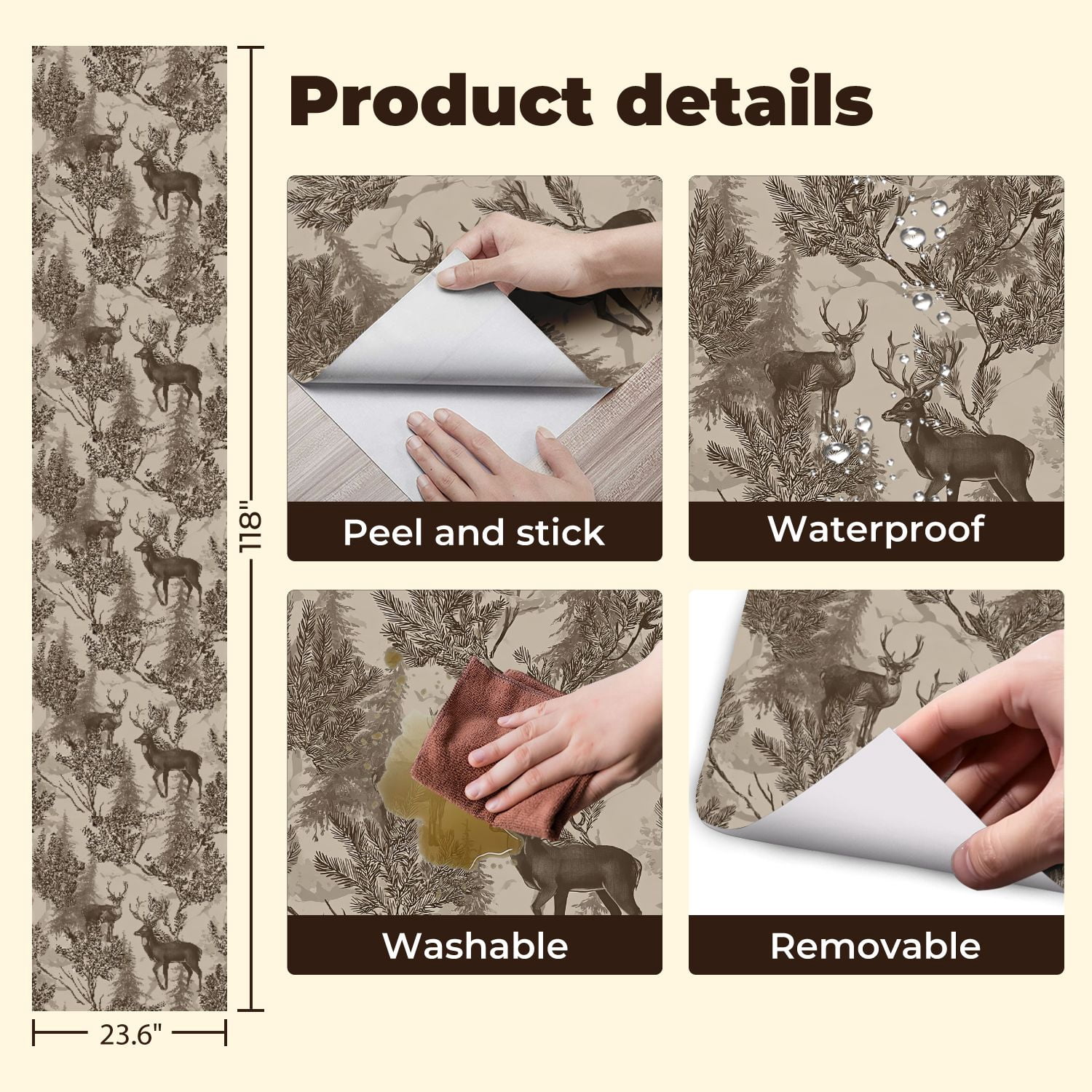 Peel and Stick Wallpaper Deer Woodland Forest Sepia Tones Pine Branches Wall Mural 23.6in x 9.8ft Self Adhesive Removable Wall Paper Renter Friendly Wallpaper for Nursery Bedroom Cabinets