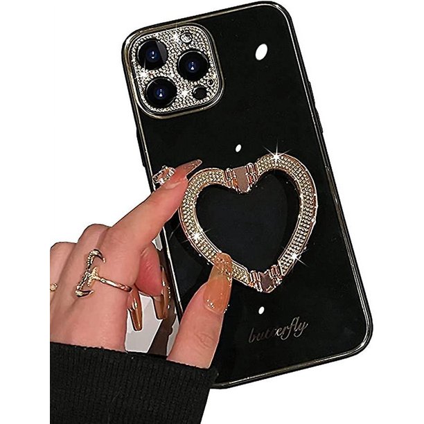 Compatible con iPhone 12 Pro Funda para niñas y mujeres Linda funda con revestimiento de diamantes de imitación con purpurina y soporte plegable con forma de corazón Parte trasera rígida de PC Parac
