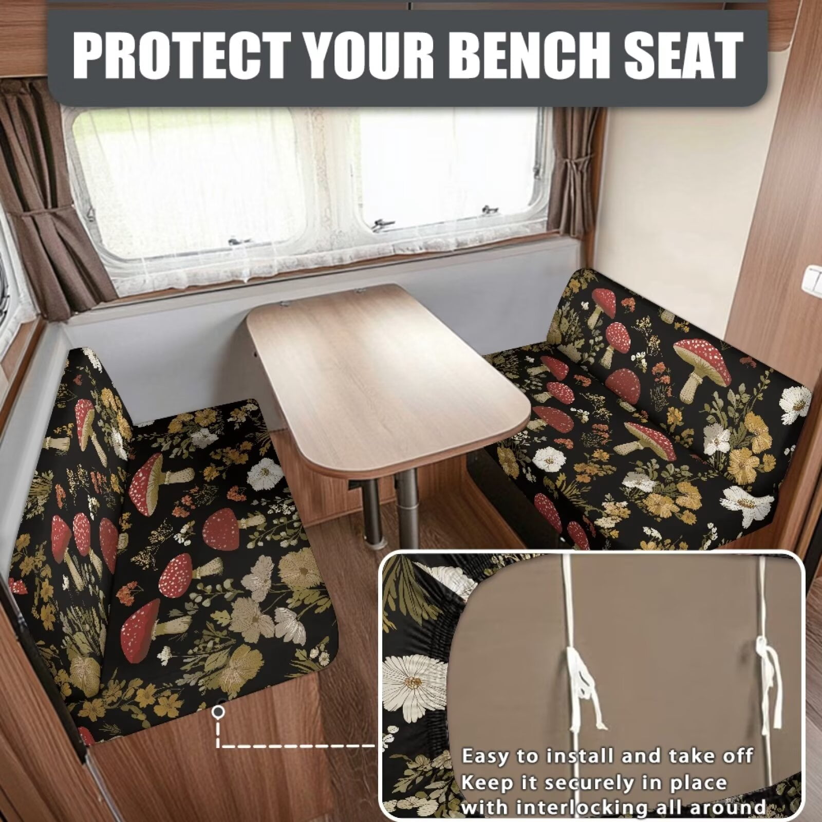 Psesaysky 4 Pcs RV Dinette Couch Covers Stretchable Aesthetic Mushroom Camper Cushion Slipcover Washable Sofa Seat Cover for Travel Trailer with Elastic Edge