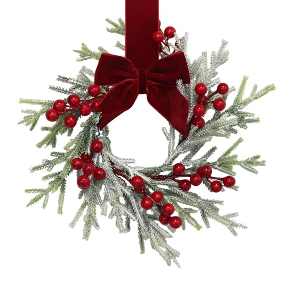 WUJGXI Small Snow Flocked Pine Wreath with Velvet Bow Red Berries and Pine Cones for Front Door Wall Window Indoor Outdoor Home Christmas Holiday Party Garland