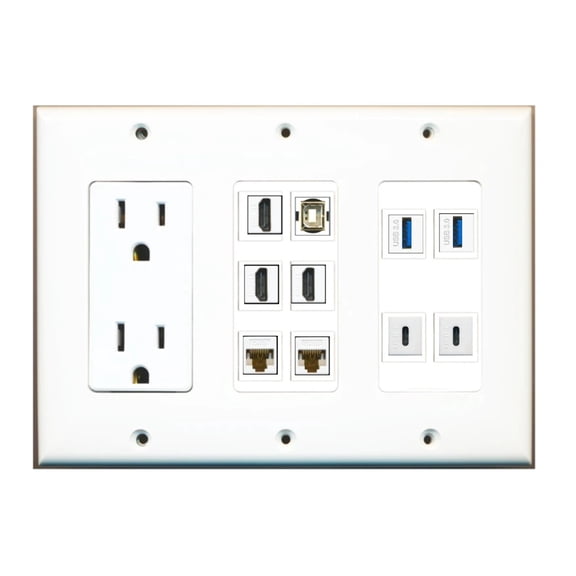 Ultra Spec Cables Custom Wall Plate 15 Amp Power Outlet White with up to 10 Keystone Ports