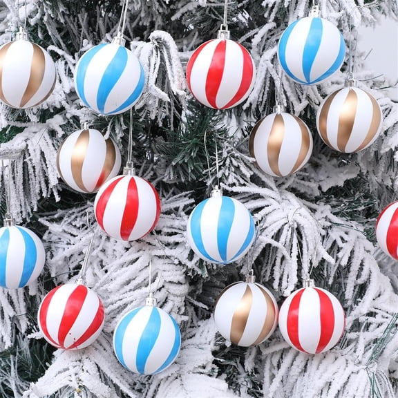 Christmas Balls Ornaments,Classic Stripes Xmas Tree Hanging Decorations,18Pcs Shatterproof Stripe White Blue Red Christmas Ball Ornament for Home Winter Holiday Indoor Outdoor