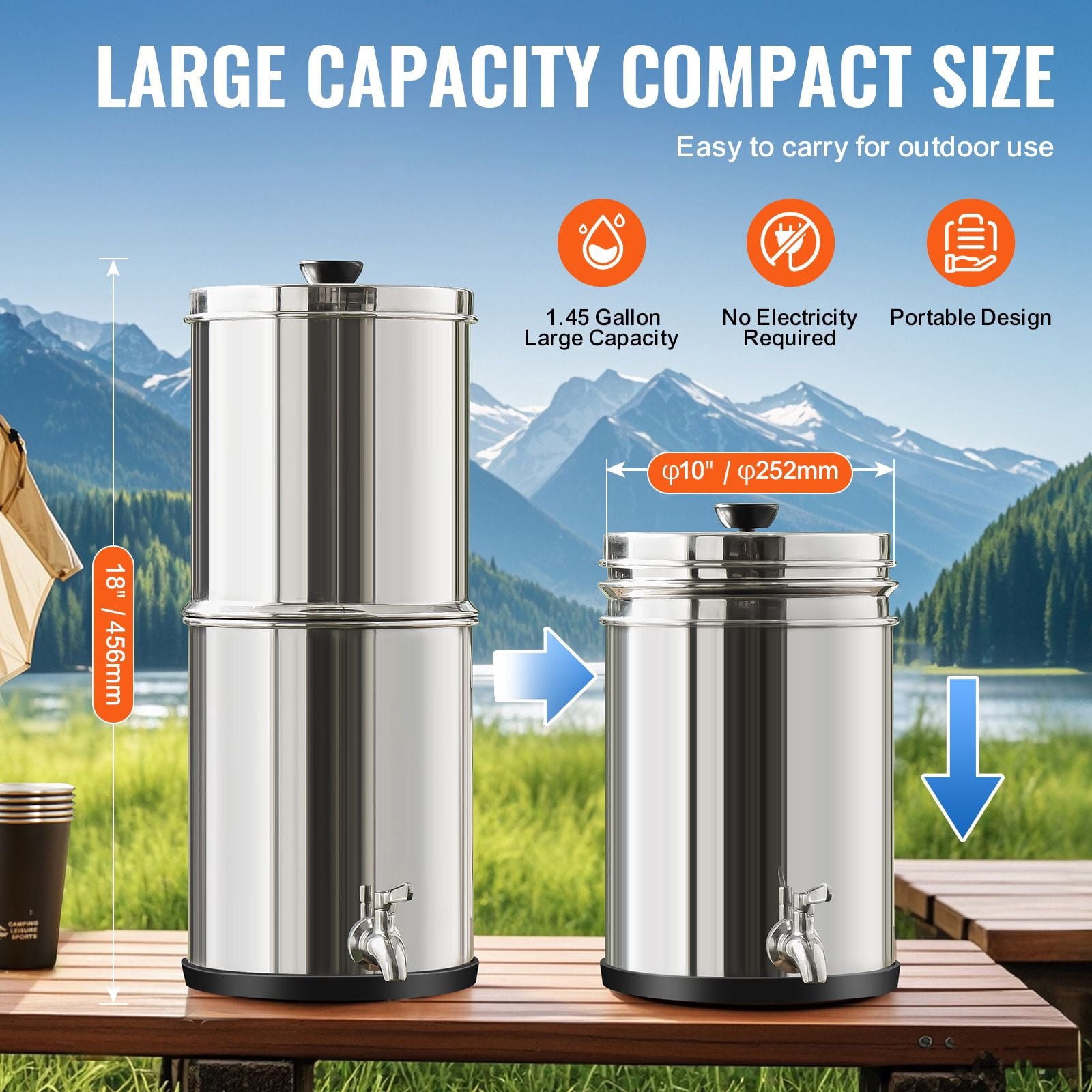 Gravity Fed Water Filter System 1.45 Gal, 304 Stainless Steel, Coconut Activated Carbon, 6000 Gallon Capacity, for Camping Off-Grid