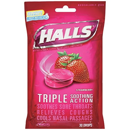 2 Pack Halls Triple Action Strawberry Cough Suppressant Menthol Drops 30 ct