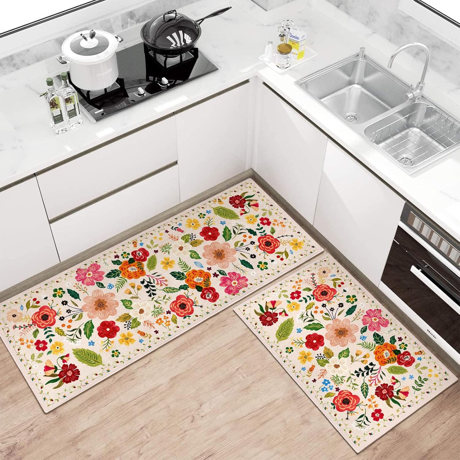 Kitchen Rugs and Mats Non Skid Washable Set of 2,Boho Floral Modern Farmhouse Bohemian Kitchen Runner Rugs with Rubber Backing for Kitchen Decor and Accessories (Green 17"x47"+17"x30")