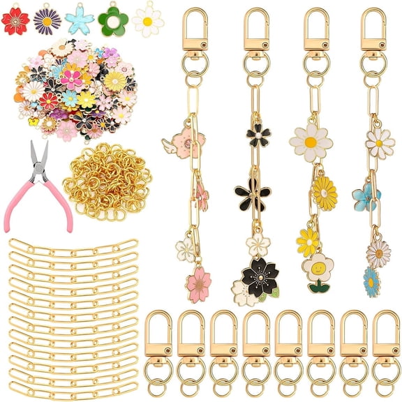 Januofit 286 Pieces DIY Keychain Making Kit Charm Jewelry Chain Making Crafts with 120 Charms 20 Keychain Clips 120 Jump Rings 25 Extender Chain and Plier for Women Bag Gift(Flower)