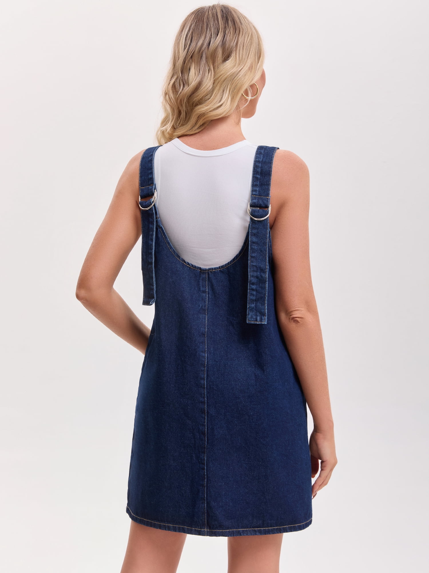 DARING DIVA Women's Loose Sleeveless Pinafore Mini Denim Dresses M Deep Blue