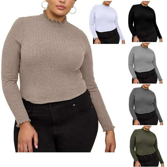 Ahuyic Womens Plus Size Long Sleeved Blouse, Autumns/Winter Long Sleeve Top For Women, Womens Half High Neck Casual T-Shirt Slim Fitting Bottom Shirt Top Long Sleeve Turtleneck Blouse & Shirts