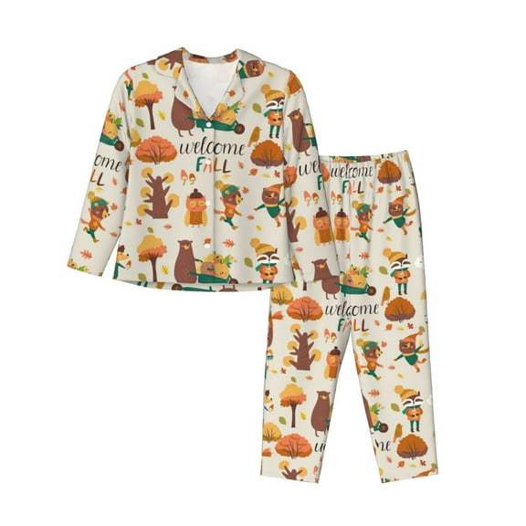 Pajamas for Women Set - Autumn In The Forest Welcome Fall Comfy Long Sleeve Button Up Pajama Sets for Women 2 Piece, Soft Sleepwear Nightwear Pjs Lounge Sets for Women with Pockets